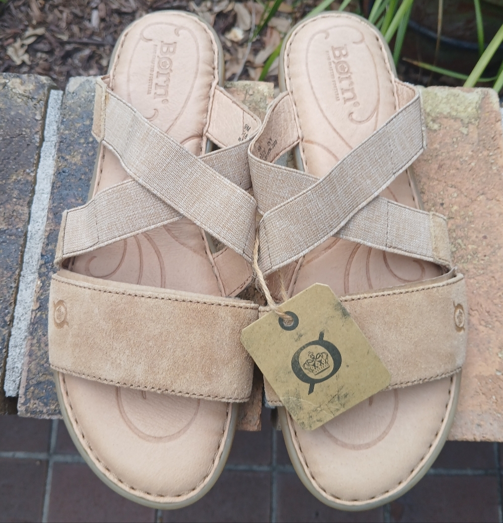 Born Beige/Tan Crisscross Suede Slide Sandals